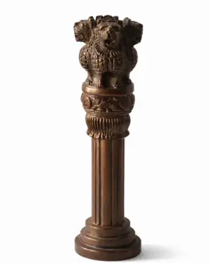 ASHOKA PILLAR 9.5″ Copper-Coated Brass — National Emblem of India (Lion Capital of Sarnath / सत्यमेव जयते) Premium Antique-Finish Replica