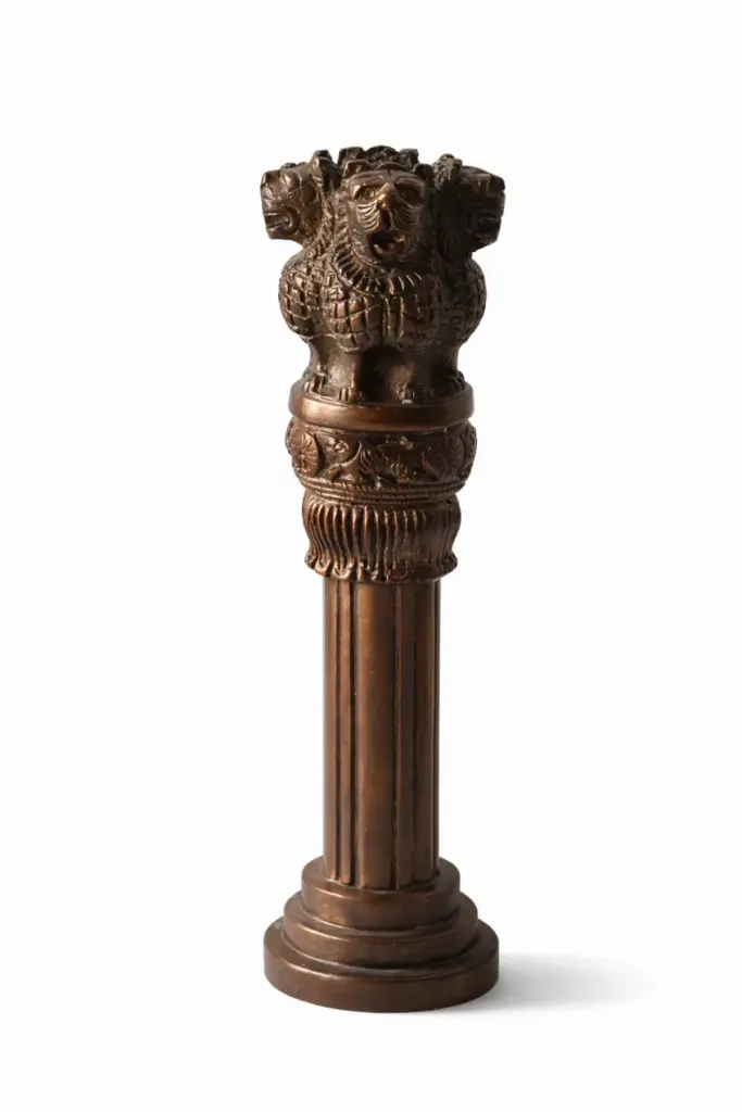 ASHOKA PILLAR 9.5″ Copper-Coated Brass — National Emblem of India (Lion Capital of Sarnath / Satyamev Jayate) Premium Antique-Finish Replica