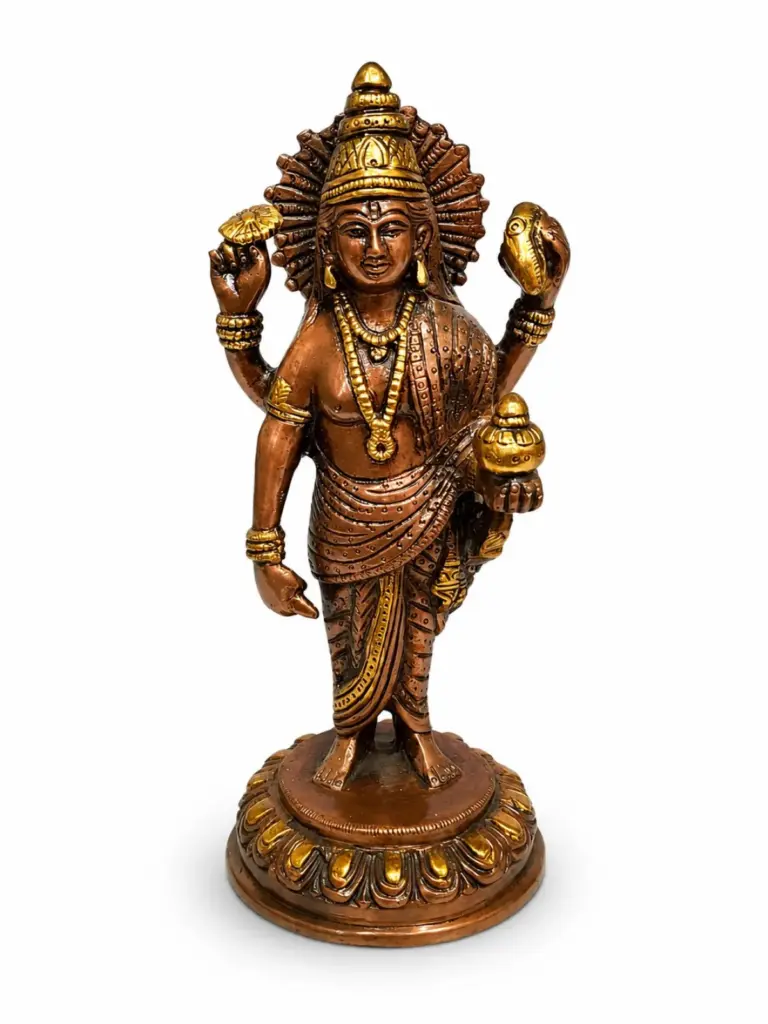 Dhanvantari Idol (भागन धन्वांतरी) — Chaturbhuj God of Ayurveda, Health & Healing, Antique Copper-Coated Brass, 7.5 Inch Handcrafted Vastu Sculpture